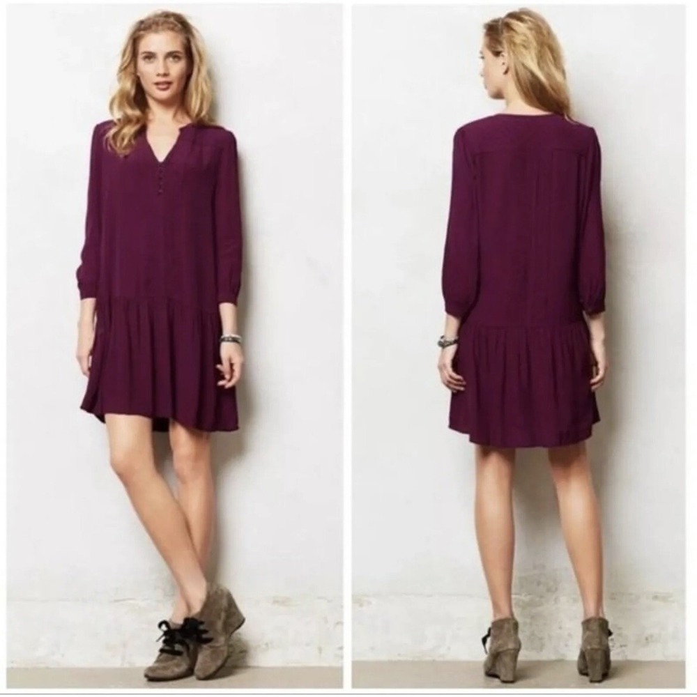 Maeve Anthropologie Boho Plum Purple Drop Waist Ruffle loose fitShift Dress Sz S